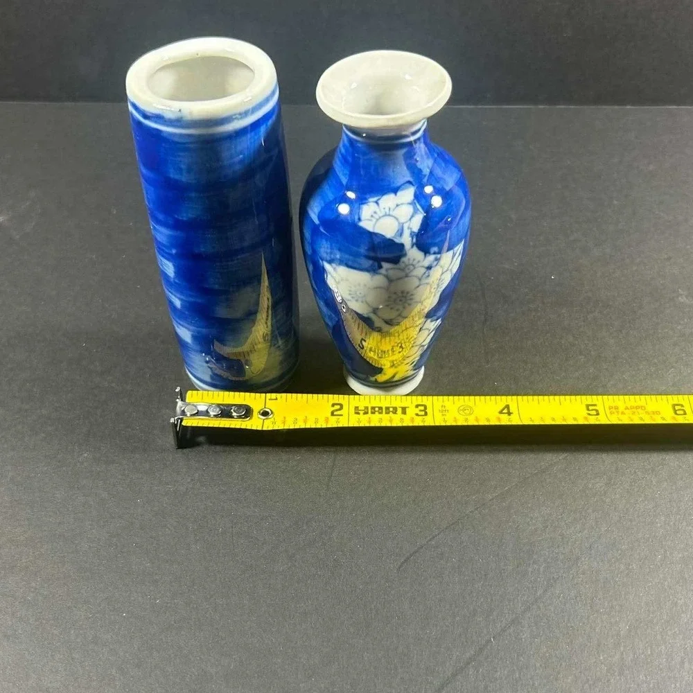 Chinoiserie Bud Vases Blue White Floral Porcelain Set of 2 Small size